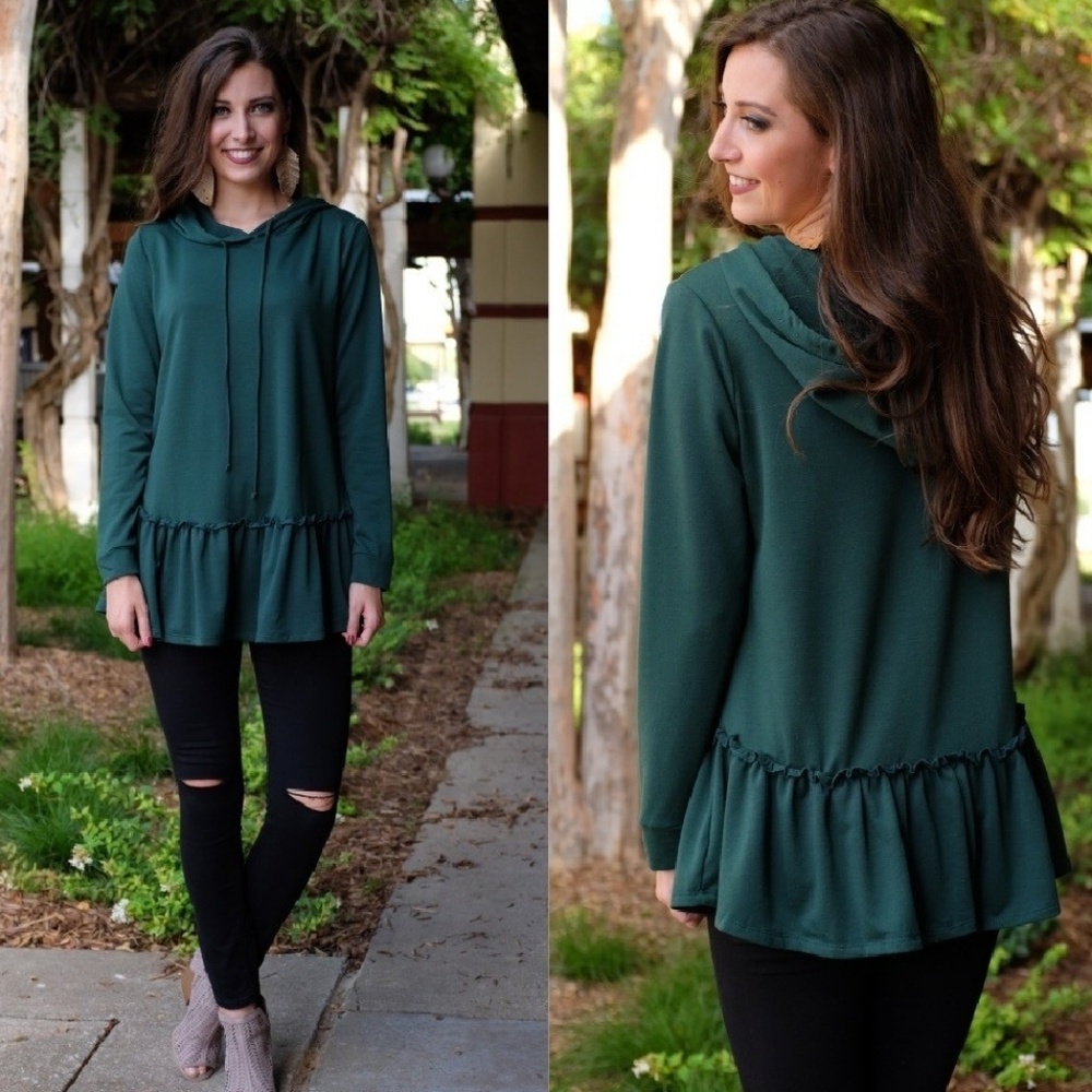 Hunter Green Ruffle Peplum Hoodie Sweatshirt